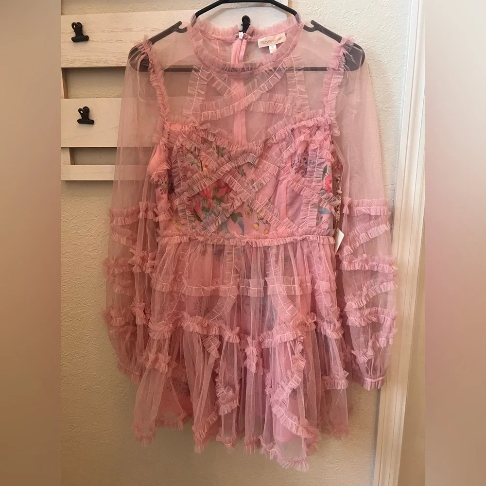 Rosevelvet Pink Floral Tulle Ruffle Mini Dress | Cottagecore NWT- M - Picture 3 of 9